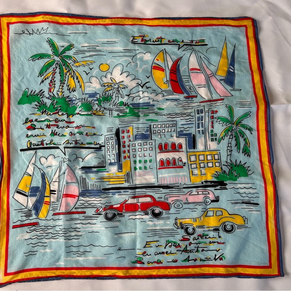 Scarf Beach Sailing Travel Print Cheerful Colors 21"